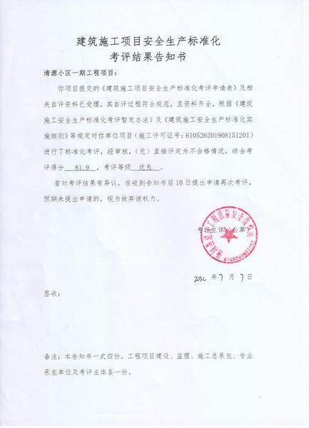 陕煤建设天工公司承建的清源小区一期项目通过当地政府安全生产标准化验收